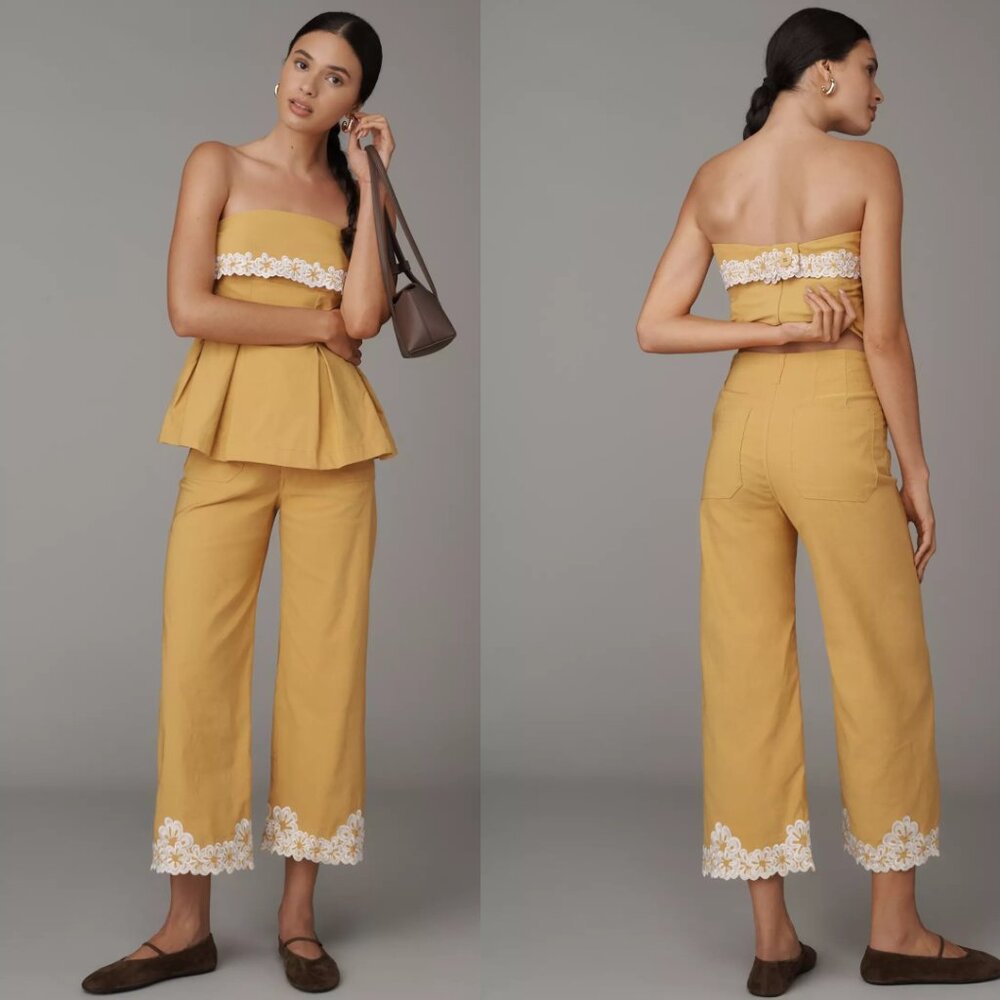 Anthropologie The Colette Embroidered Crop Wide-Leg Pants by Maeve 28 new